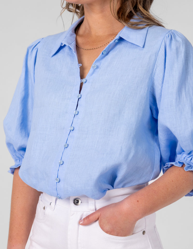 Rio Gathered Sleeve Button Down Top in Blue Linen