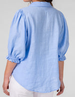 Rio Gathered Sleeve Button Down Top in Blue Linen