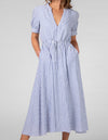 August V Neck Drawstring Midi Dress in Blue/White Stripe