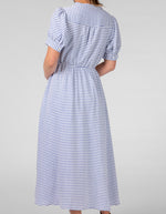 August V Neck Drawstring Midi Dress in Blue/White Stripe