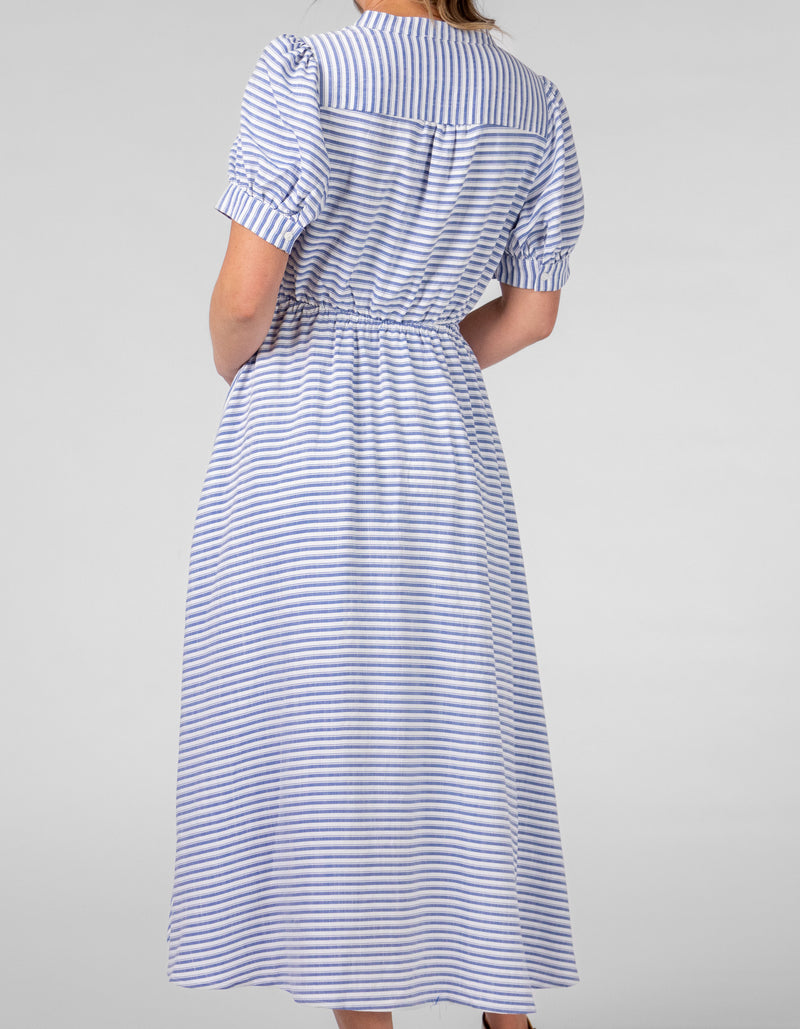 August V Neck Drawstring Midi Dress in Blue/White Stripe