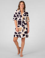 Casey Double Breasted Shirt Dress in Beige/Black Geo Print