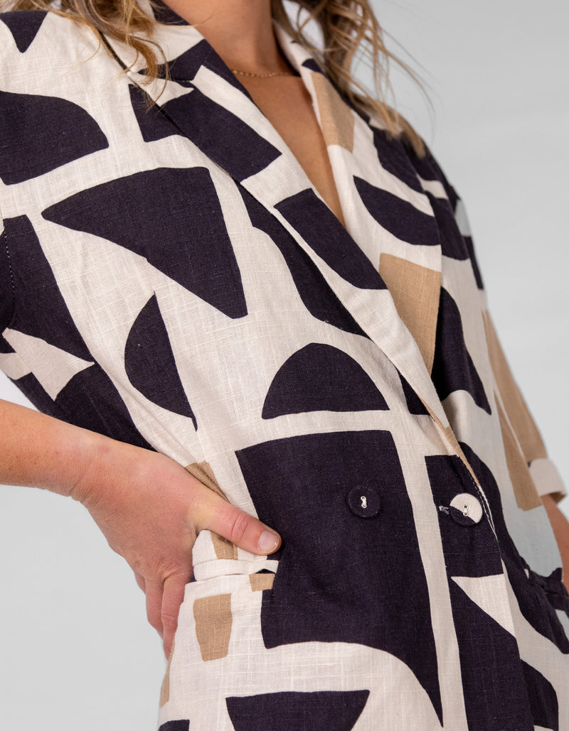Casey Double Breasted Shirt Dress in Beige/Black Geo Print