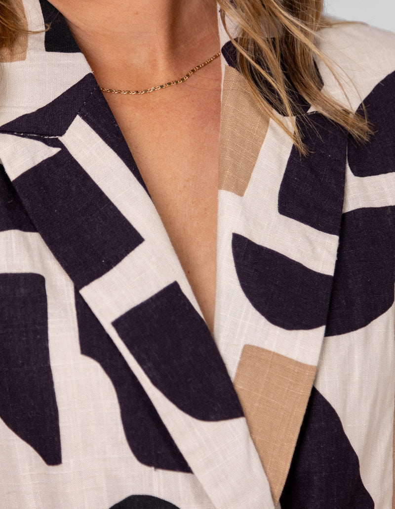 Casey Double Breasted Shirt Dress in Beige/Black Geo Print