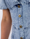 Lyric Fitted Waist Short Sleeve Denim Dress in Blue