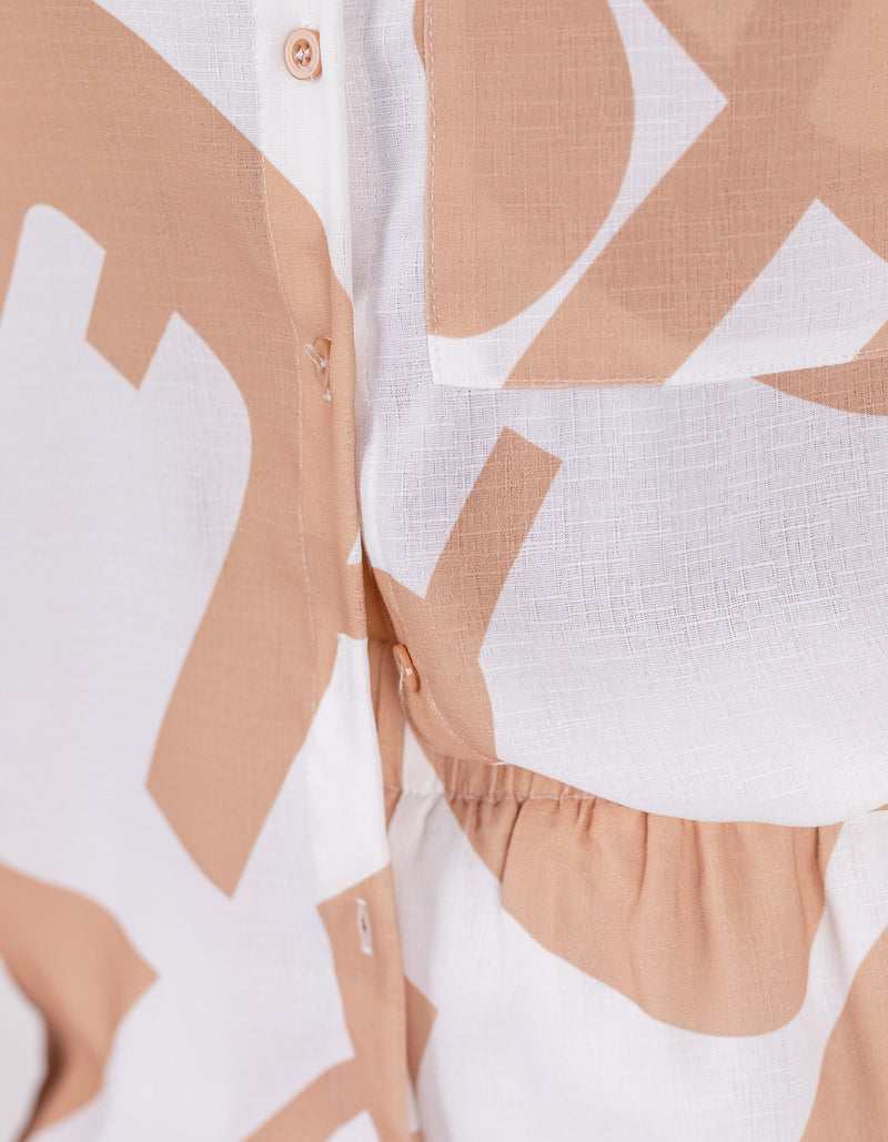 Calypso Short Sleeve Button Down Top in Peach/White Print