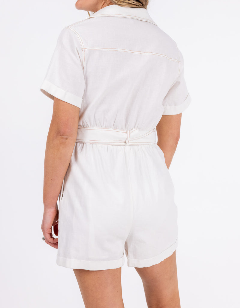 Angel Short Sleeve Button Down Playsuit with Belt in White