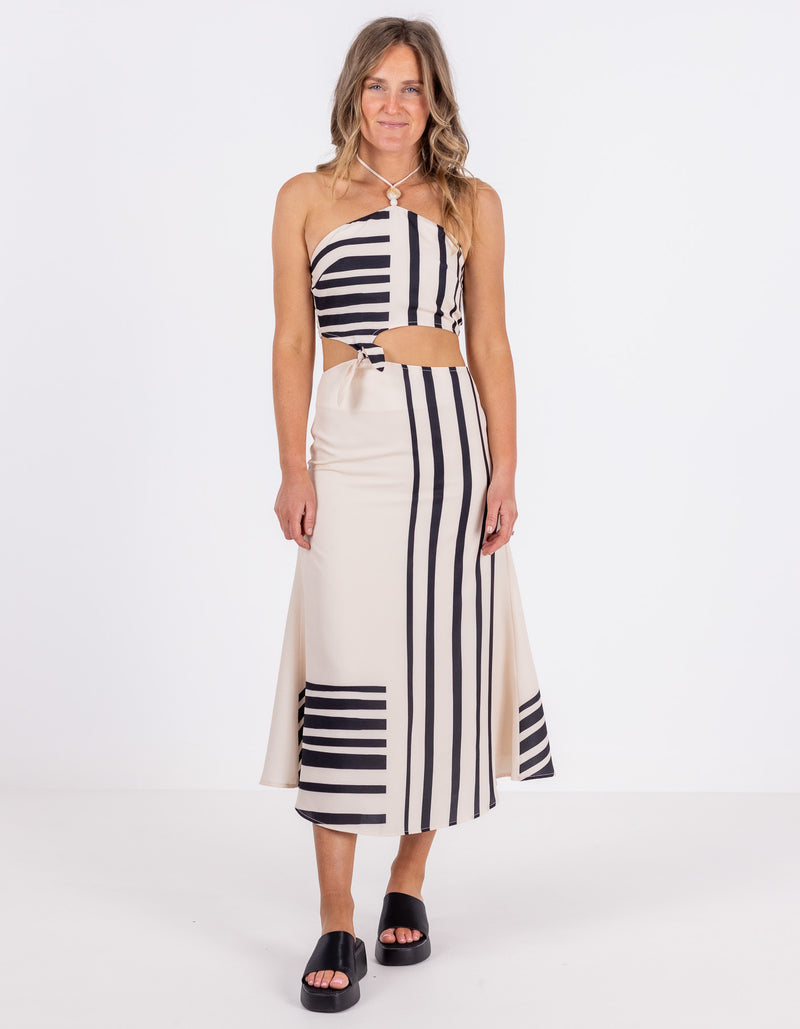 Atlas Two Piece Halter Neck Dress in Black/Beige Line Print