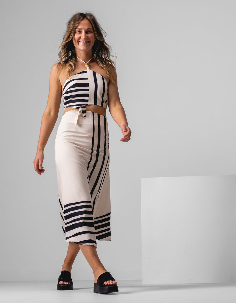 Atlas Two Piece Halter Neck Dress in Black/Beige Line Print