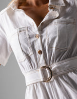 Angel Short Sleeve Button Down Playsuit with Belt in White