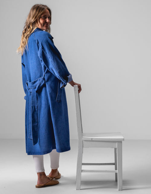 Echo Long Denim Trench in Dark Blue