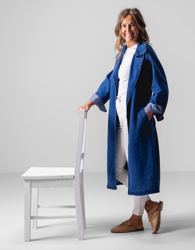 Echo Long Denim Trench in Dark Blue