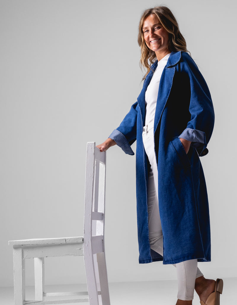 Echo Long Denim Trench in Dark Blue