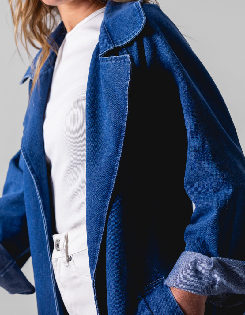 Echo Long Denim Trench in Dark Blue