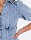 Lyric Fitted Waist Short Sleeve Denim Dress in Blue