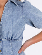 Lyric Fitted Waist Short Sleeve Denim Dress in Blue