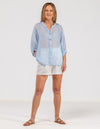 River Button Down Collarless Sheer Linen Shirt in Light Blue