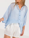 River Button Down Collarless Sheer Linen Shirt in Light Blue