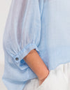River Button Down Collarless Sheer Linen Shirt in Light Blue