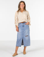Imogen Drawstring Sleeve Shirt in Beige/White Stripe