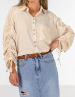 Imogen Drawstring Sleeve Shirt in Beige/White Stripe