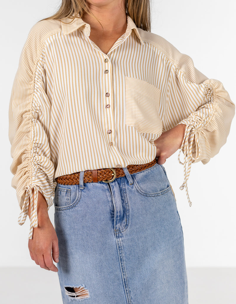Imogen Drawstring Sleeve Shirt in Beige/White Stripe