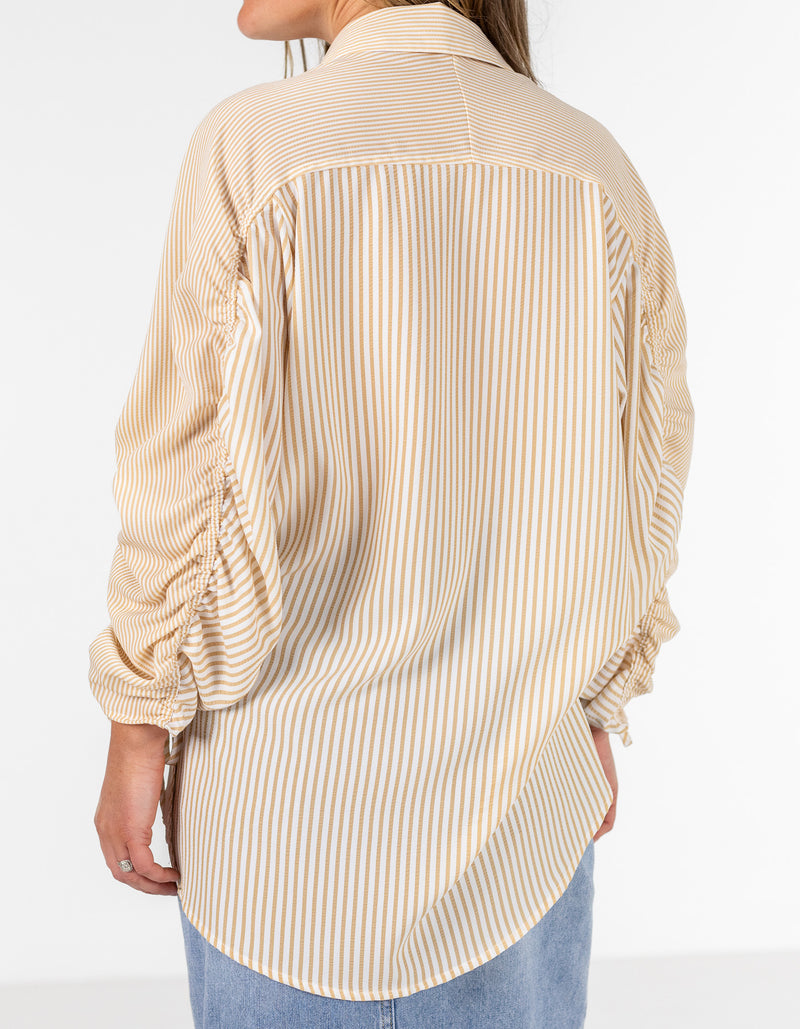 Imogen Drawstring Sleeve Shirt in Beige/White Stripe