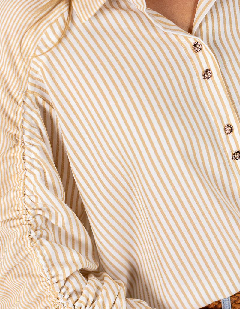 Imogen Drawstring Sleeve Shirt in Beige/White Stripe