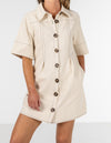 Carina Button Down Short Sleeve Shirt Dress in Beige Cotton