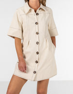 Carina Button Down Short Sleeve Shirt Dress in Beige Cotton