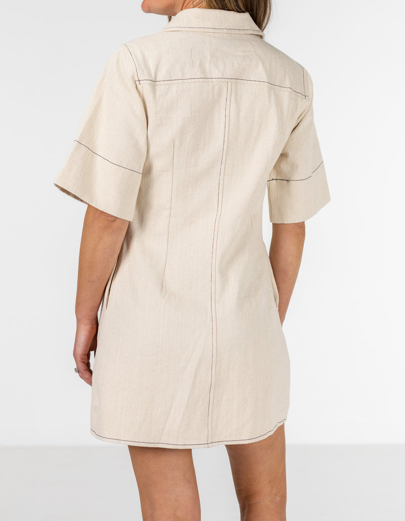 Carina Button Down Short Sleeve Shirt Dress in Beige Cotton