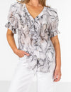 Vesper Short Sleeve Ruffle Front Top in Grey Print