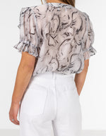 Vesper Short Sleeve Ruffle Front Top in Grey Print