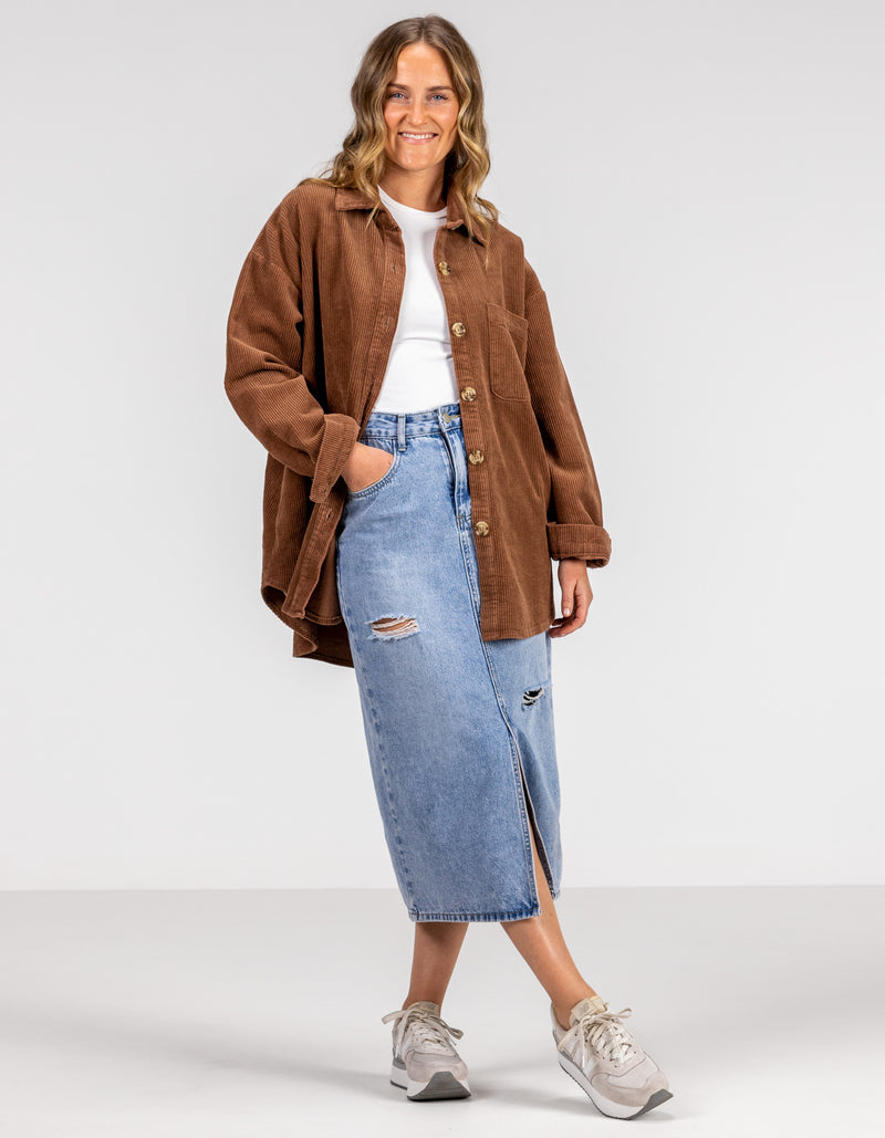 Juliet Oversized Cord Shacket in Brown