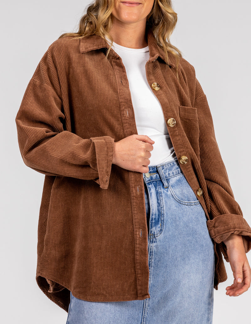 Juliet Oversized Cord Shacket in Brown
