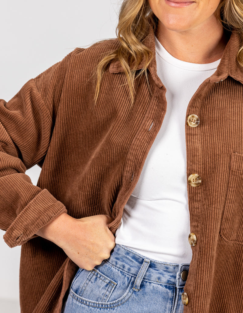 Juliet Oversized Cord Shacket in Brown
