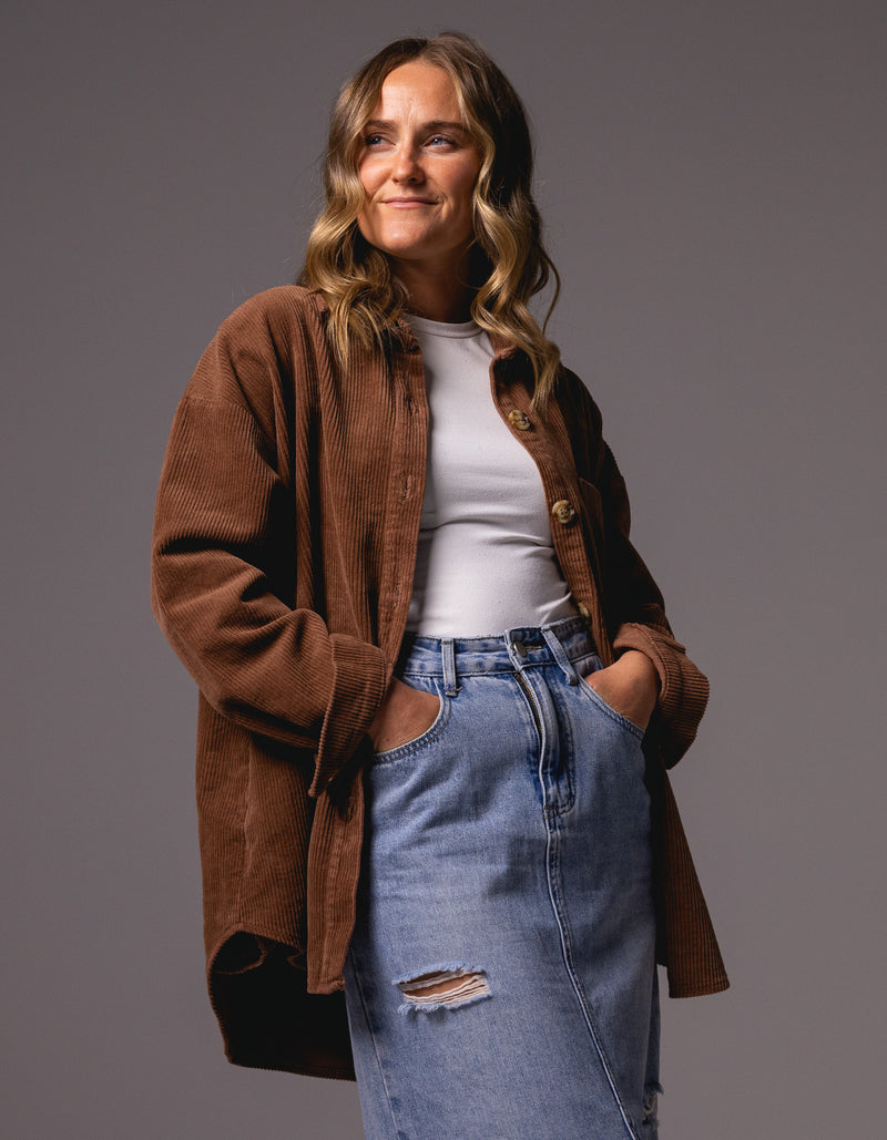 Juliet Oversized Cord Shacket in Brown