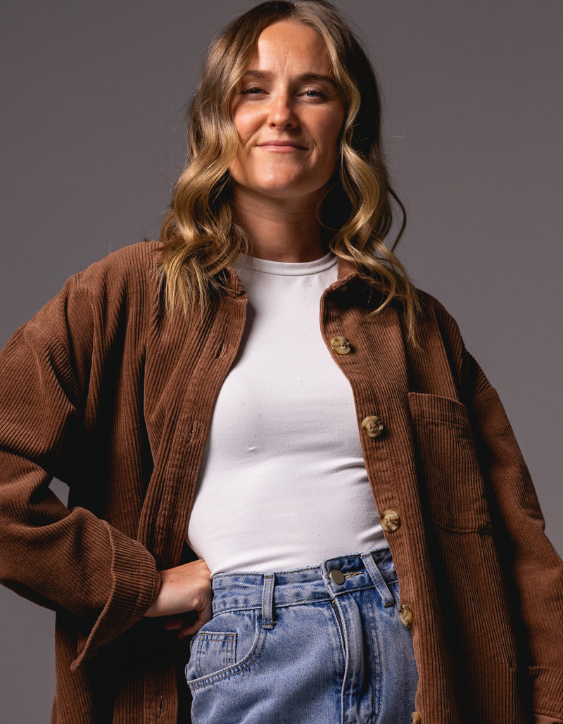 Juliet Oversized Cord Shacket in Brown