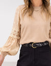 Teagan Long Sleeve Lace Sleeve Top in Latte