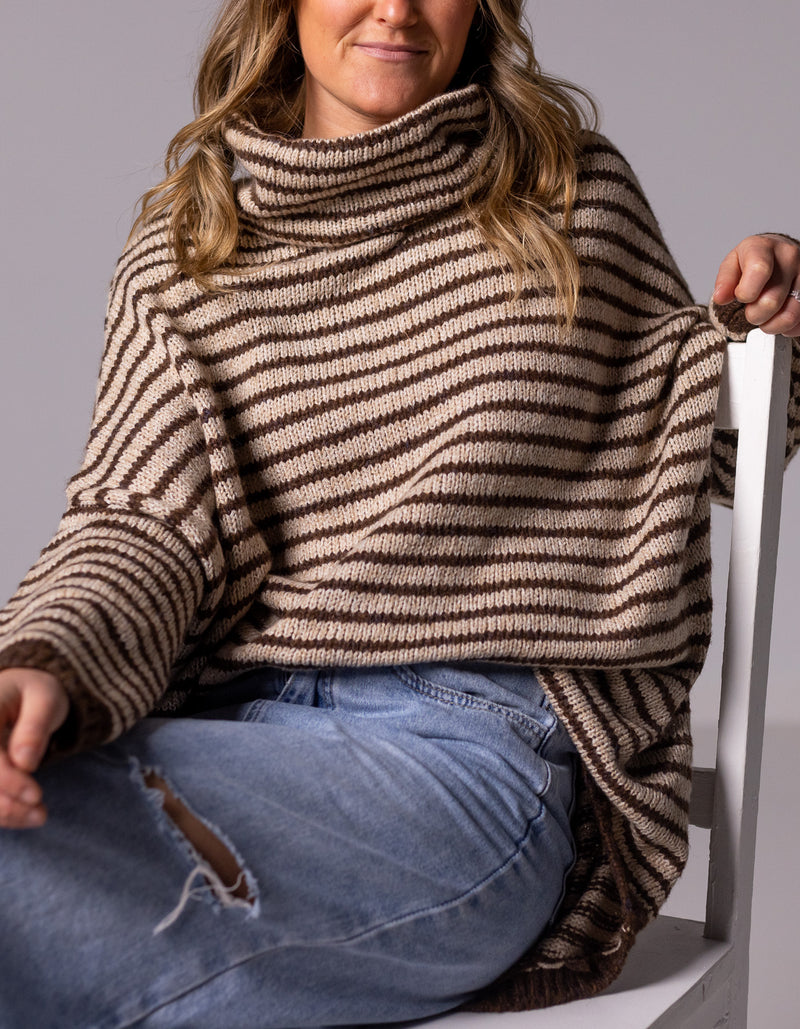 Monika Oversize Knit Jumper in Chocolate/Beige Stripe