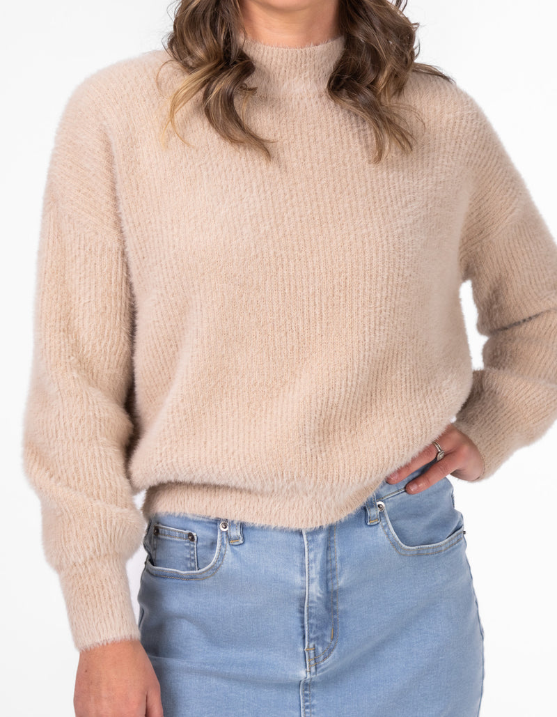 Sydney Crew Neck Brushed Knit Jumper in Beige