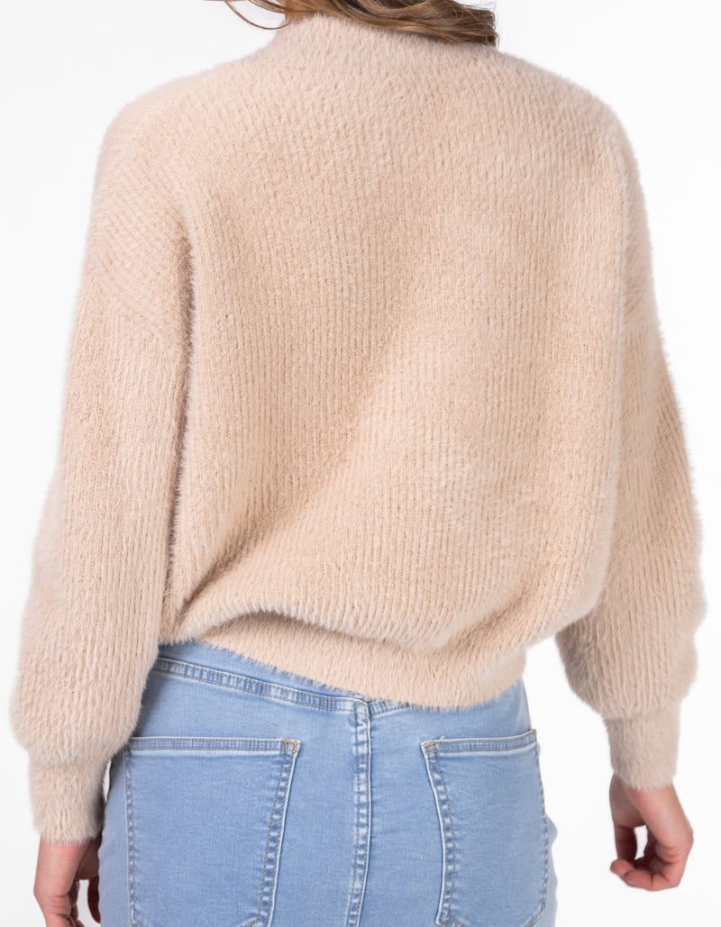 Sydney Crew Neck Brushed Knit Jumper in Beige