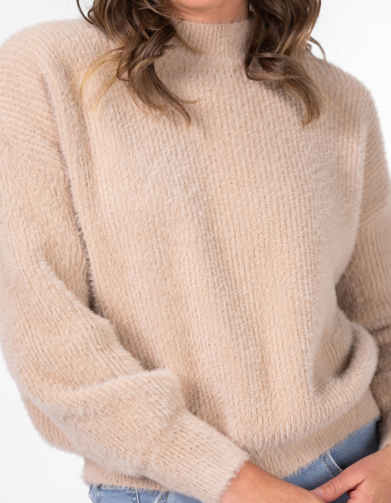 Sydney Crew Neck Brushed Knit Jumper in Beige