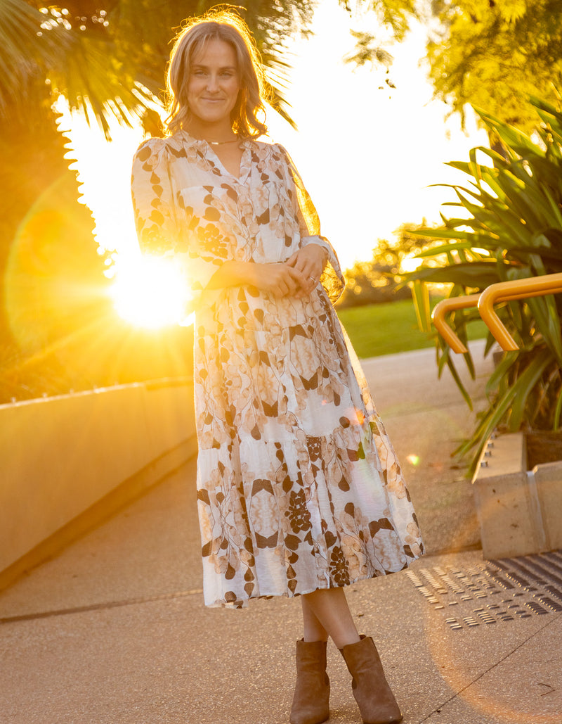 Eva Button Down Long Sleeve Midi Dress in Tan Print