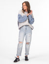 Walnut Denim Sleeve Knit Jumper in White/Grey/Blue