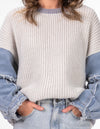 Walnut Denim Sleeve Knit Jumper in White/Grey/Blue