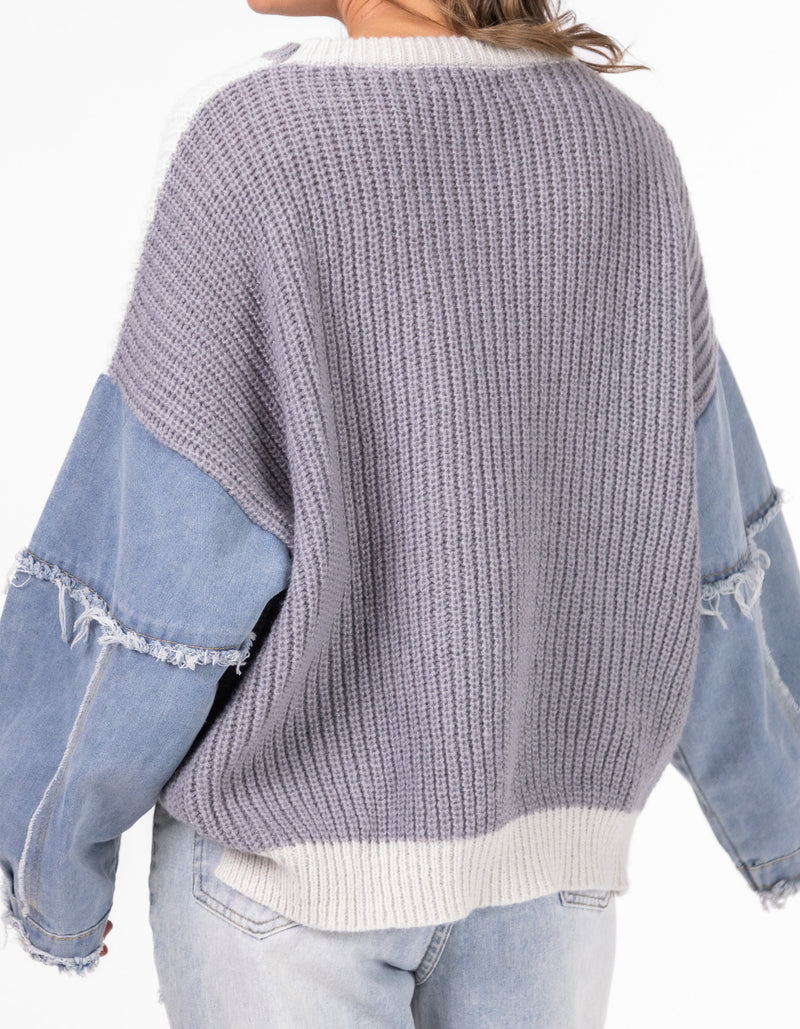 Walnut Denim Sleeve Knit Jumper in White/Grey/Blue