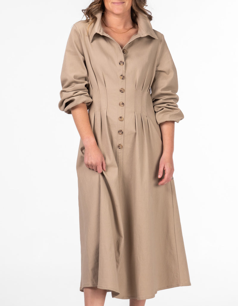 Claire Long Sleeve Button Down Midaxi Dress in Latte Denim