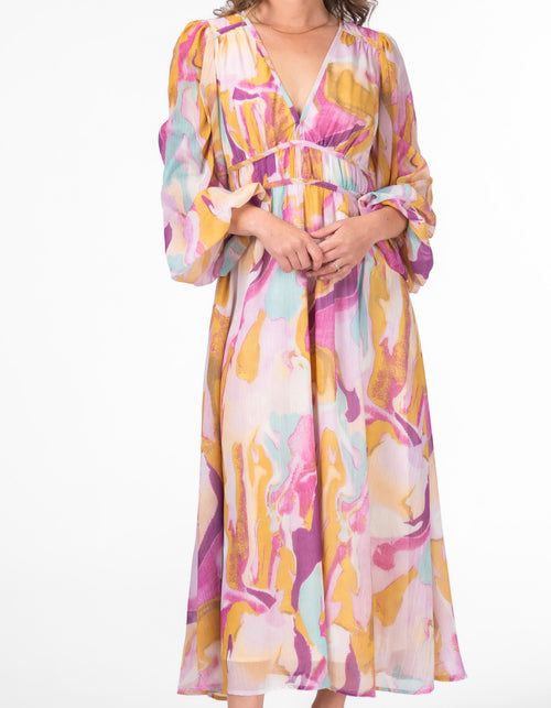 Petal Fitted Waist Midaxi Dress in Pink/Mustard Print