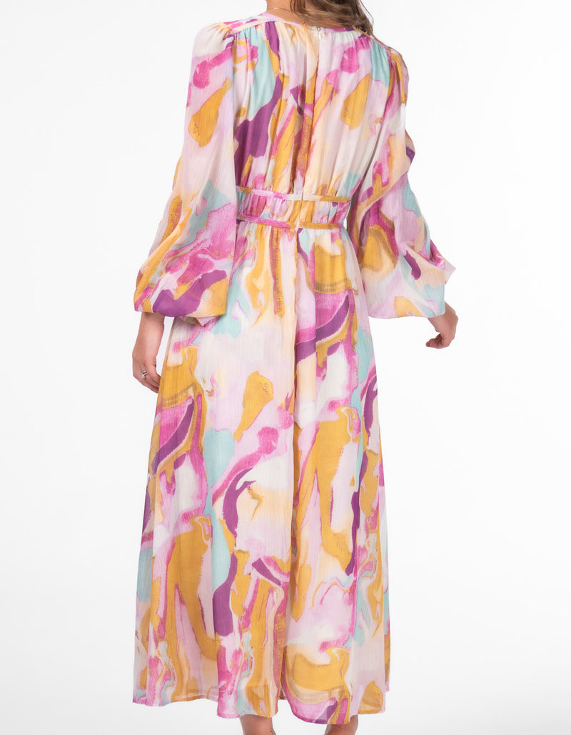 Petal Fitted Waist Midaxi Dress in Pink/Mustard Print